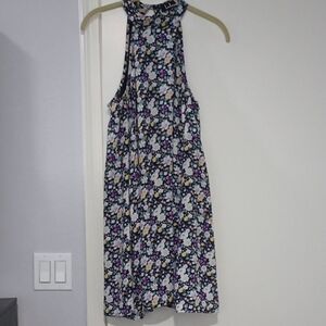 Lulu's Floral Halter Midi Dress in Black, White, Purple & Yellow